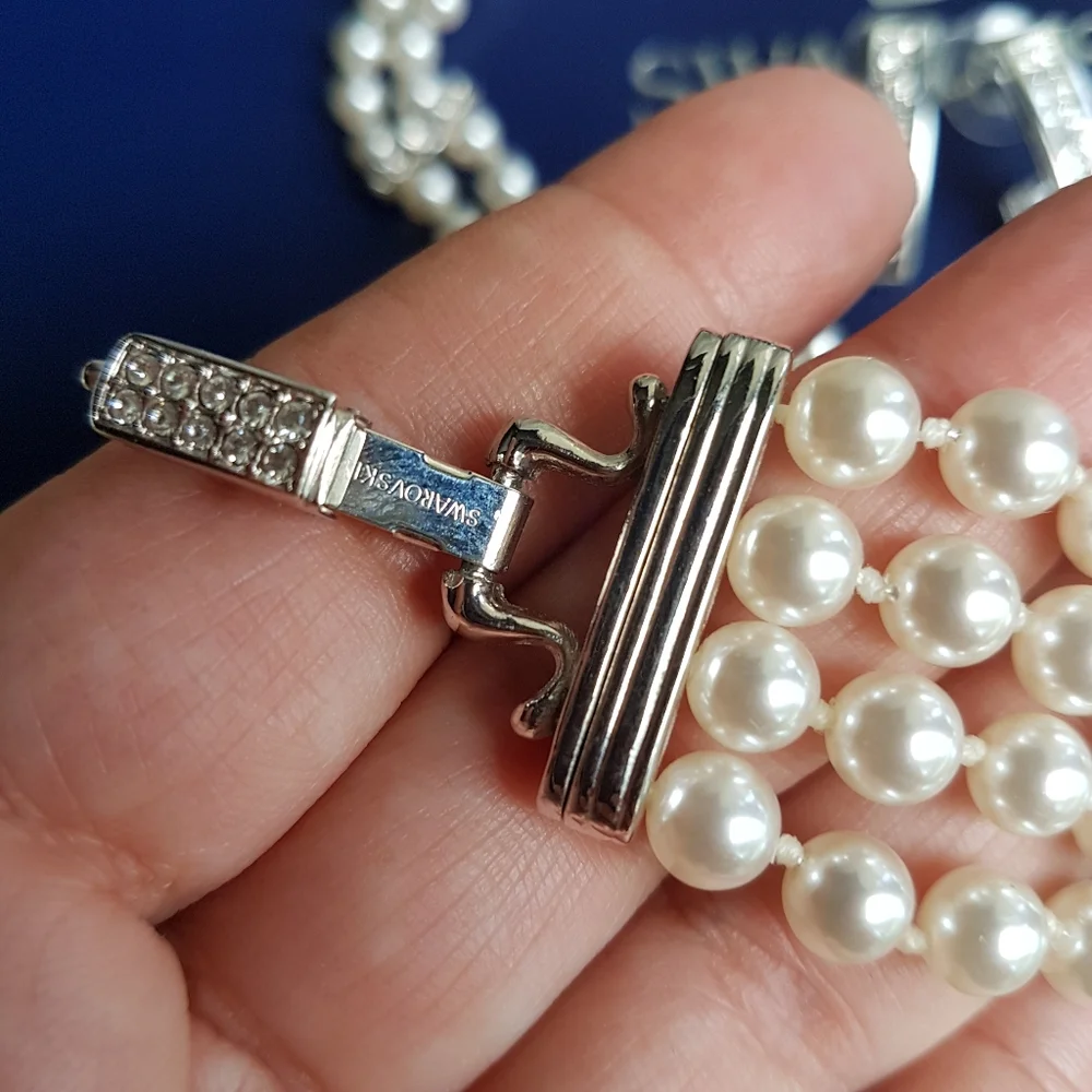 AUTHENTIC Swarovski Crystal Pearl Choker Necklace Tennis Bracelet Earrings SET - Picture 12 of 16